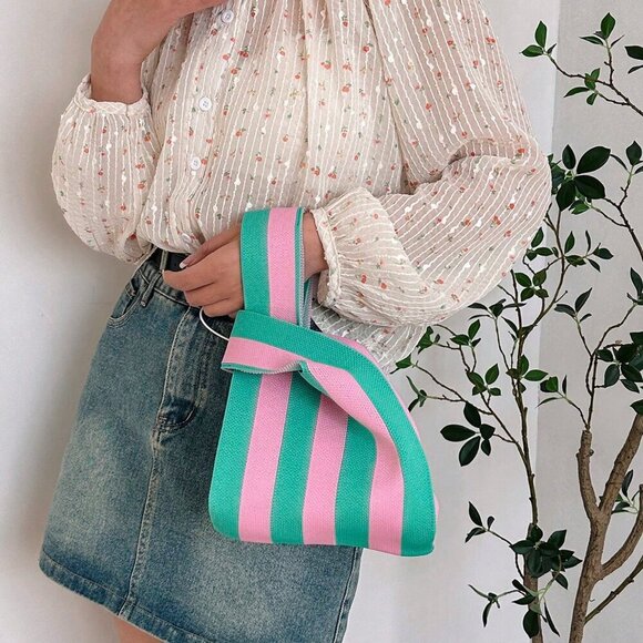 Pink Casual Women's Duke Crochet Stripe Pattern Lattice Handheld Bag - Picture 6 of 10